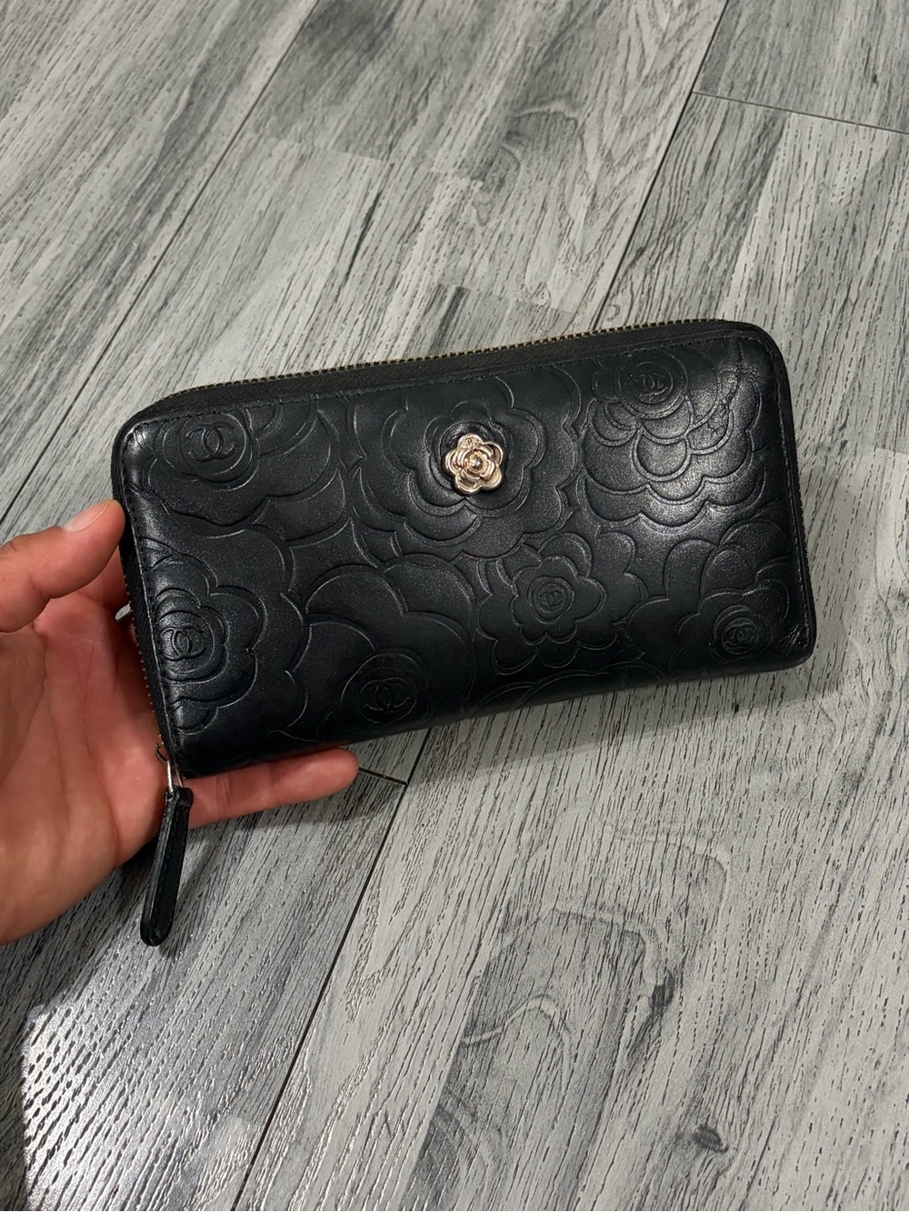 CHANEL Black Caviar Embossed Leather Camellia Zip Wallet